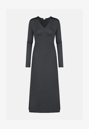 Langärmliges, V-Ausschnitt Kleid in Dunkelgrau. Es hat ein figurbetontes Oberteil und eine fließende A-Linie-Silhouette mit einer glatten, leichten Textur.
