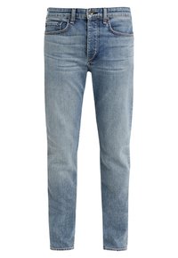 Jeans de mezclilla azul claro con un corte recto, diseño de cinco bolsillos, un desvanecimiento sutil y una cinturilla clásica con un botón metálico.