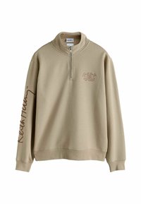 Beige sweatshirt med høj krave og halv lynlås. Har et subtilt logoprint på brystet og tekst langs venstre ærme. Fremstillet i bomuldsblanding.