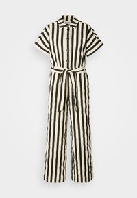 Ριγέ ολόσωμη φόρμα σε μαύρο και κρέμ. Κοντά μανίκια, κλείσιμο με κουμπιά μπροστά και ζώνη στη μέση. Φαρδιά πόδια με λεία υφή.