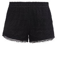 Zwarte kantenshorts met een gestructureerd patroon en een golvende zoom. Beschikt over een smockband en decoratieve pomponaccenten langs de rand.