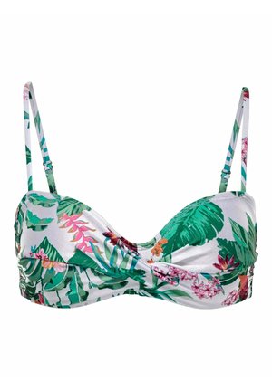 Top bikini con motivo di foglie tropicali verdi e accenti floreali rosa, realizzato in materiale lucido. Caratterizzato da spalline regolabili e supporto con ferretto.