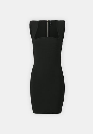 Μαύρο εφαρμοστό φόρεμα με τετράγωνη λαιμόκοψη, κοντά μανίκια και κρυφό φερμουάρ στο πίσω μέρος. Φτιαγμένο από υφή υφάσματος για μια δομημένη εμφάνιση.