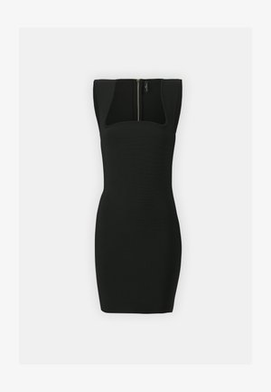 Zwarte aansluitende jurk met een vierkante halslijn, korte mouwen en een rits aan de achterkant. Gemaakt van gestructureerde stof voor een strakke uitstraling.