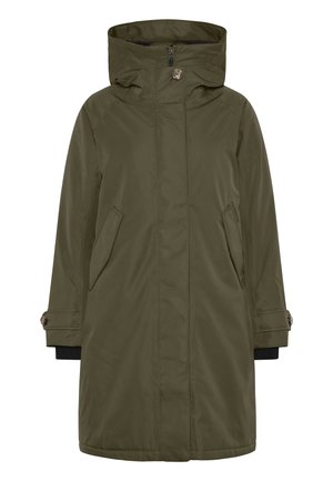 Olijfgroene parka met een capuchon, voorrits, twee zijzakken en knoopmanchetten. Glad, waterafstotend materiaal met strakke lijnen.