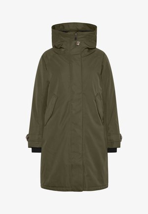 Olive green parka with a hood, front zipper, two side pockets, and buttoned cuffs. Smooth, water-resistant fabric with clean lines.