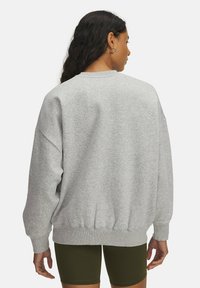 Gray cotton-blend sweatshirt featuring a crew neck, dropped shoulders, and ribbed cuffs and hem. Back view displays relaxed fit.