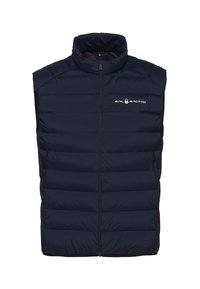Marineblaue Steppweste mit hohem Kragen, Reißverschluss vorne und gesteppten Paneelen. Verfügt über ein Logo auf der Brust und seitliche Taschen zur Aufbewahrung.