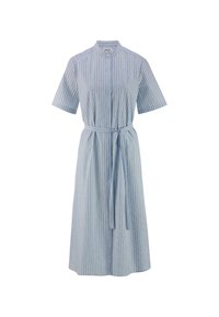 Abito a righe di colore azzurro chiaro con maniche corte, colletto alla mandarino e cintura annodata in vita. Realizzato in tessuto liscio con righe verticali.