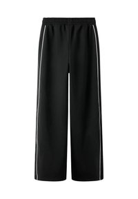 Sorte vide bukser med elastisk midjebånd, hvite sidepiper og glatt stofftekstur.