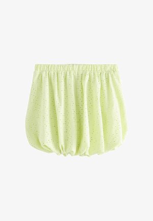 Svijetlo zelena, teksturirana kratka majica s elastičnom strukom i uzorkom otvora, koja sadrži naboranu tkaninu za oblik puhovite siluete.