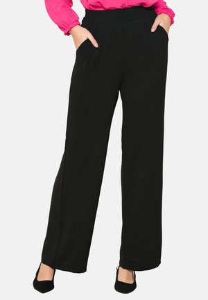 Black wide-leg pants with a smooth texture, elastic waistband, and two side pockets. Pants have a relaxed fit and floor-length design.