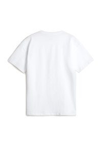 Hvid bomulds t-shirt med korte ærmer, rund halsudskæring og en glat overflade. Har syninger langs kraven og kanten.