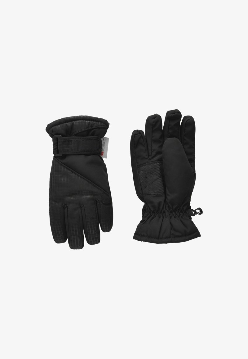 Schwarze gepolsterte Handschuhe aus strukturiertem Stoff, mit Klettverschluss und elastischem Handgelenk. Ein Handschuh hat ein Design mit drei Fingern; der andere hat volle Finger.