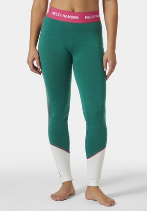 Leggings verdes con una cinturilla de logo rosa, que presentan una tela texturizada, acentos blancos y un diseño ajustado que se estrecha hacia el tobillo.