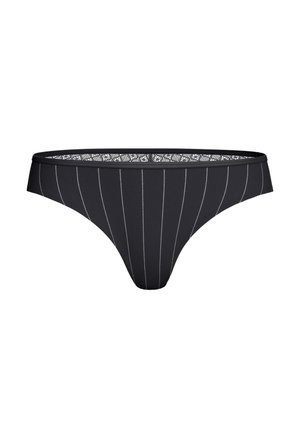 Culotte de bikini noire avec des fines rayures blanches verticales et une bordure en dentelle le long de la taille.