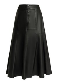 Zwarte leren A-lijn rok met een hoge taille, voorzien van een knoopsluiting aan de voorkant, een gladde textuur en een uitlopende zoom.