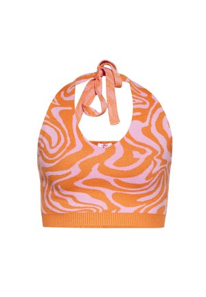 Braletă halter tricotată portocalie cu un model abstract în nuanțe de roz, închidere la gât cu funda și tiv ribbed. Textură ușoară și elastică.