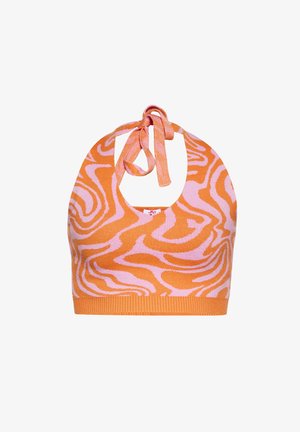 Orange strikket halterneck bralette med pink abstrakt swirl mønster, bindebånd ved halsen og ribbet kant. Let og strækbart materiale.