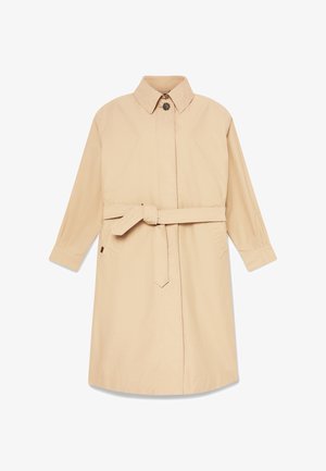 Béžový trenčkot s límcem, páskem v pase a dlouhými rukávy s manžetami. Hladká látka, délka ke kolenům a boční kapsy.