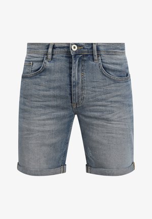 Jeansshorts in Hellblau mit ausgewaschenem Look. Verfügt über fünf Taschen, einen Knopfverschluss und umgeschlagenen Saum. Gestickte Akzente in Gelb.