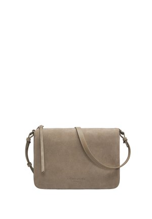 Beige suede crossbody bag with adjustable strap and subtle embossed brand logo on the front center.