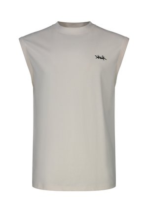 Beige mouwloos shirt met ronde hals en klein zwart logo op de linkerborst.