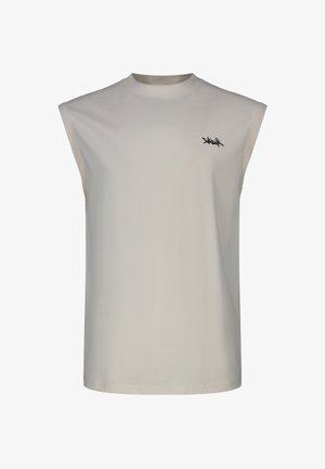 Beige mouwloos shirt met ronde hals en klein zwart logo op de linkerborst.