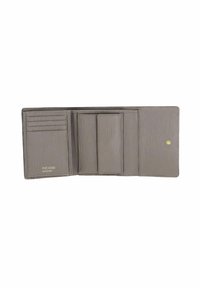 Gray bifold wallet made of textured leather, featuring card slots, a compartment for bills, and a gold logo accent.