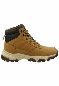Stivale da trekking in pelle marrone con parte superiore in suede e sintetico, colletto imbottito, suola in gomma e chiusura con lacci. Presenta tre strisce diagonali sul lato.