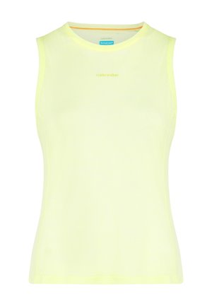 Top atletico giallo senza maniche realizzato in tessuto traspirante, con una superficie liscia e un design minimalista che presenta un logo discreto sul davanti.