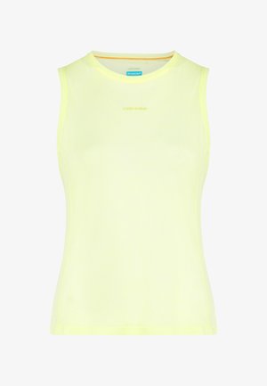 Yellow sleeveless athletic top made of breathable fabric, featuring a smooth texture and minimalist design with subtle branding on the front.