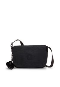 Borsa a tracolla nera con chiusura a patta, tracolla regolabile, patch rotondo con logo al centro davanti e un piccolo portachiavi in peluche attaccato di lato.