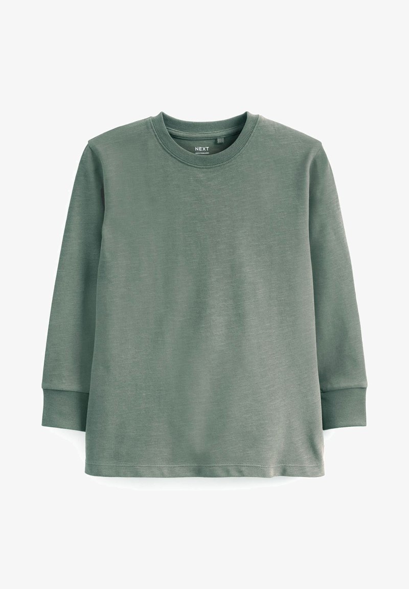 Langærmet T-shirt i salviegrøn bomuld. Har rund hals, ribbede manchetter og en afslappet pasform med en glat tekstur. Mærkeetiket synlig.