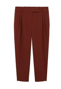 Brune skræddersyede bukser med flad front, indlæg ved taljen og en tapered ben-design. Fremstillet af et glat stof med en struktureret udseende.