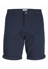 Shorts homme bleu marine avec petit motif losange blanc, fermeture par bouton, passants de ceinture et ourlets retroussés.