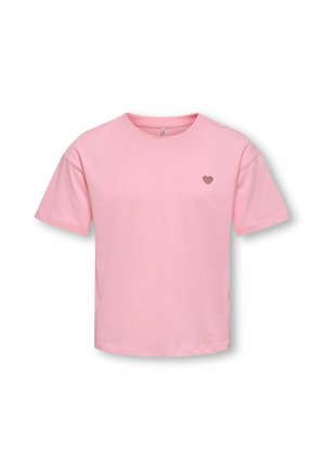 Pink short-sleeve crew neck t-shirt with small embroidered heart on left chest, set against a white background.