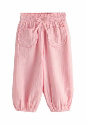 Pink toddler pants with elastic waistband, front ruffled pockets, drawstring tie, and elastic cuffs at the ankles.