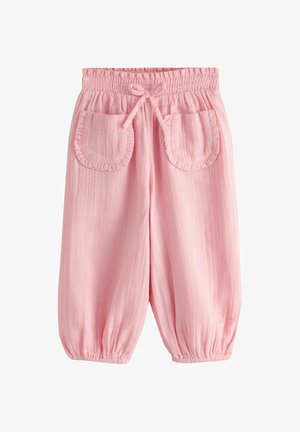 Pink toddler pants with elastic waistband, front ruffled pockets, drawstring tie, and elastic cuffs at the ankles.