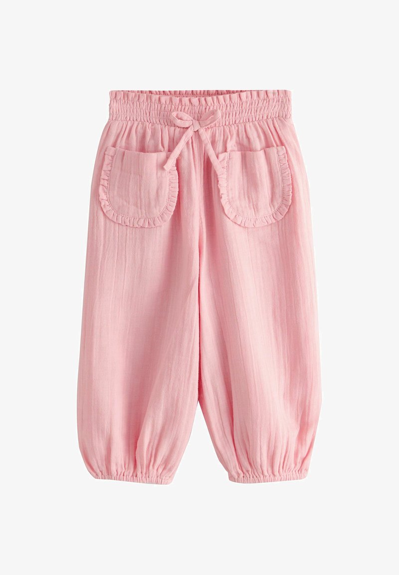 Pantalon rose pour tout-petit avec taille élastique, poches avant à volants, cordon de serrage et ourlets élastiques aux chevilles.