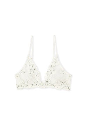 Weißer Spitzen-Bralette mit dünnen verstellbaren Trägern und zarter floralem Stickerei in Grün und Hellgelb, auf weißem Hintergrund dargestellt.