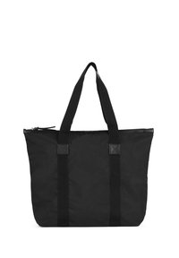 Svart nylonväska med två breda handtag, dragkedjestängning, rektangulär form och slät textur. Förstärkta sömmar och kvadratiska detaljer på remmar.