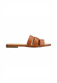 Brown leather slide sandals with three wide straps, white stitching details, flat sole, and minimalistic design.