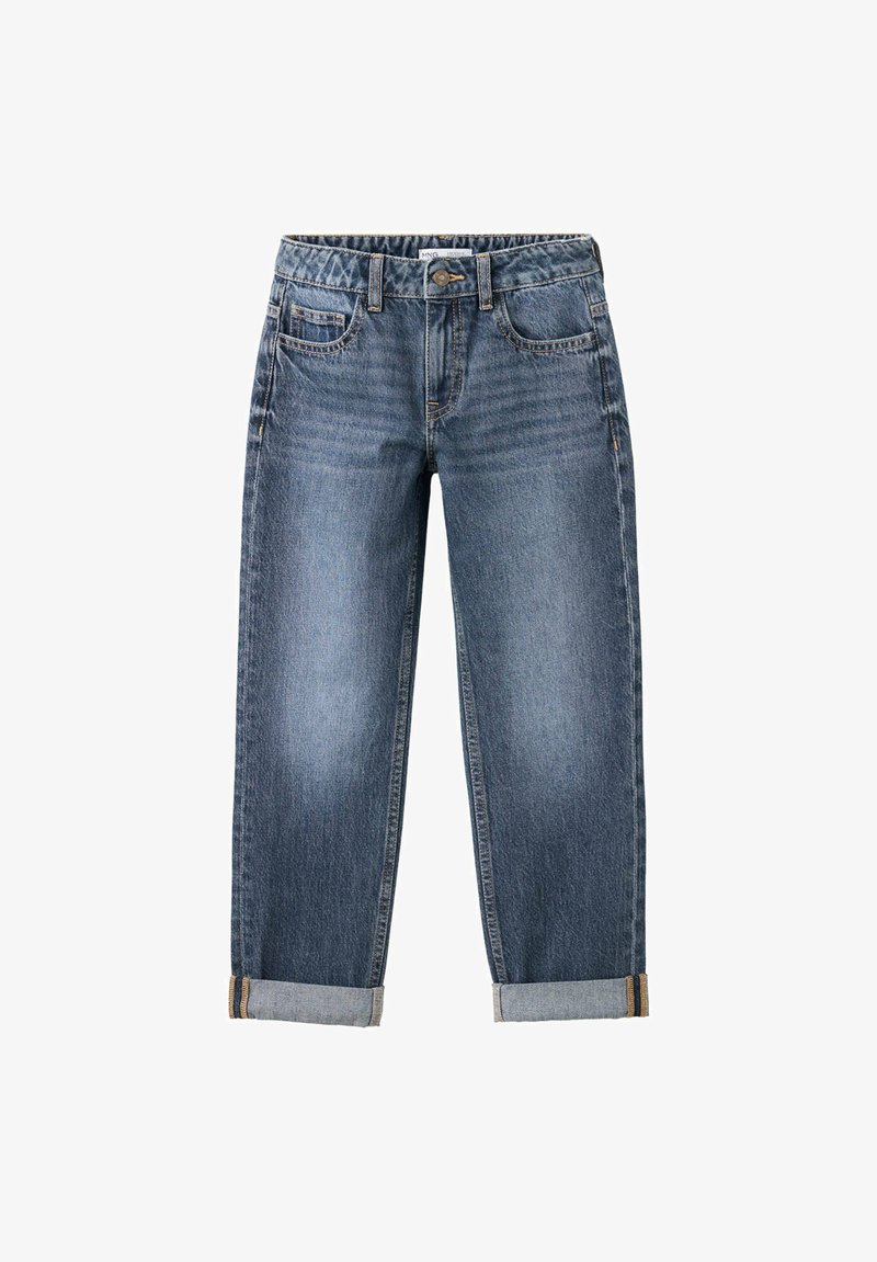 Jean en denim bleu à coupe droite, poches avant, fermeture par boutons et zip, et revers retroussés.