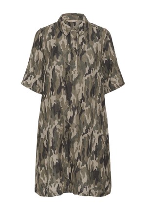 Kortærmet skjorte med knapper foran, med mønster i grøn, brun og beige camouflage og spidst krave.