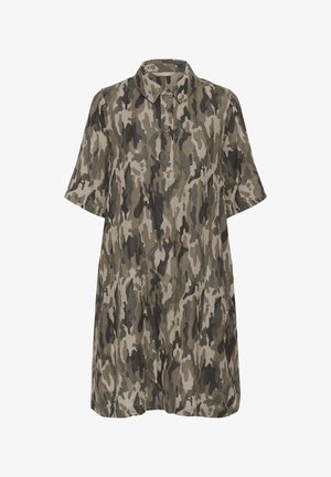 Camicia a maniche corte con bottoni, motivo mimetico verde, marrone e beige e colletto appuntito.