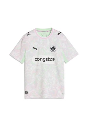 Biała i jasnoróżowa marmurkowa koszulka piłkarska FC St. Pauli z czarnymi logo Puma i sponsorem Congstar z przodu.