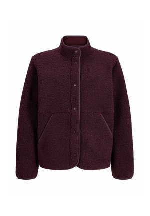 Donkerpaarse sherpa fleece jas met drukknoopsluiting, hoge kraag, lange mouwen en twee voorzakken.