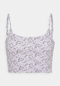 Lila crop top i lättviktig tyg med ett blommigt mönster med gula och vita blommor. Tunna axelremmar, figurnära design.