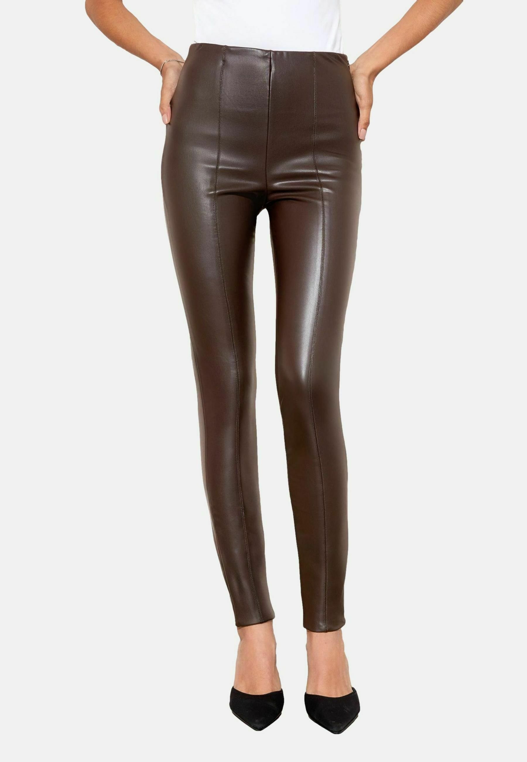 Pantalon Legging Simili Cuir Rayé Marron - Taille 10 - Neuf Sans étiquettes